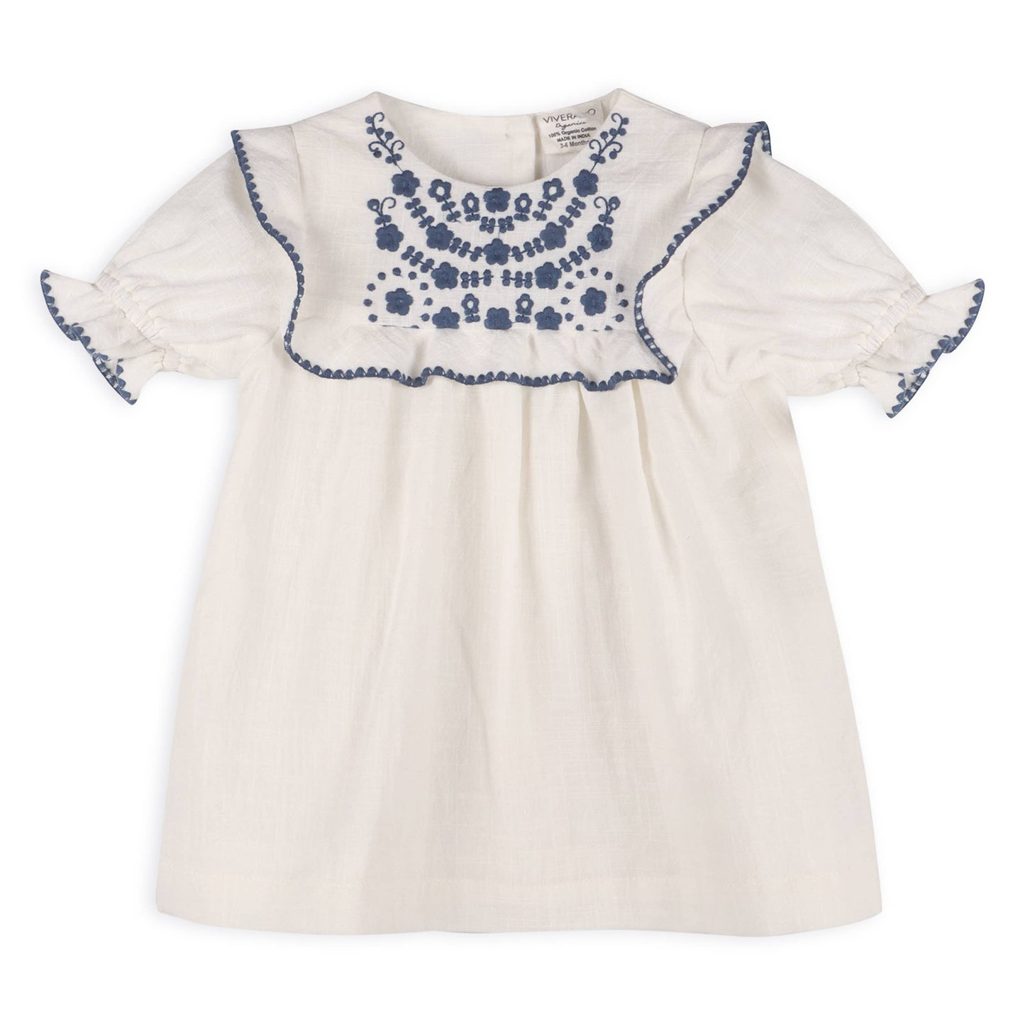 off white baby top with blue floral embroidery design