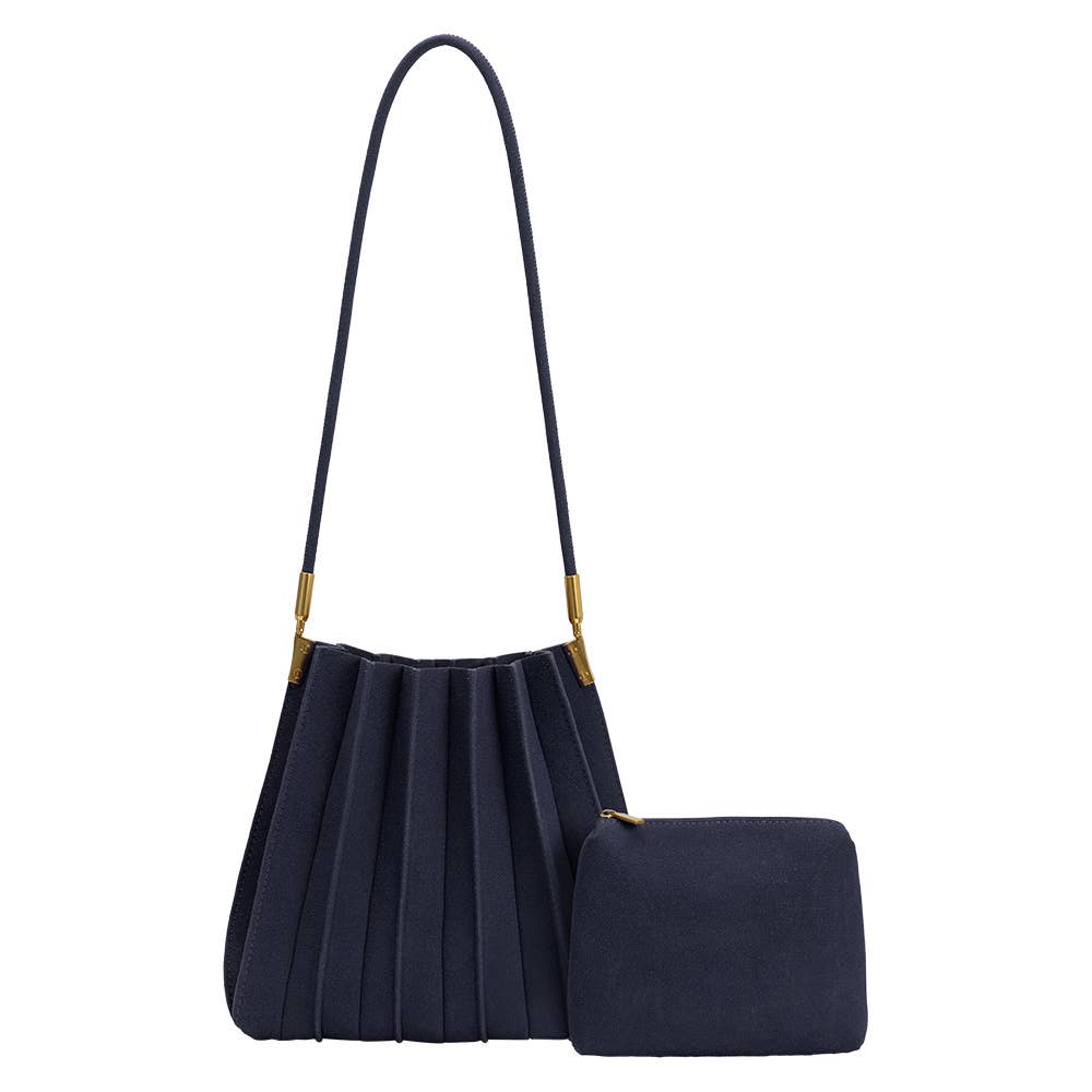 A dark brown pleated shoulder bag with a matching zippered pouch, featuring gold-tone hardware, set against a plain white background.