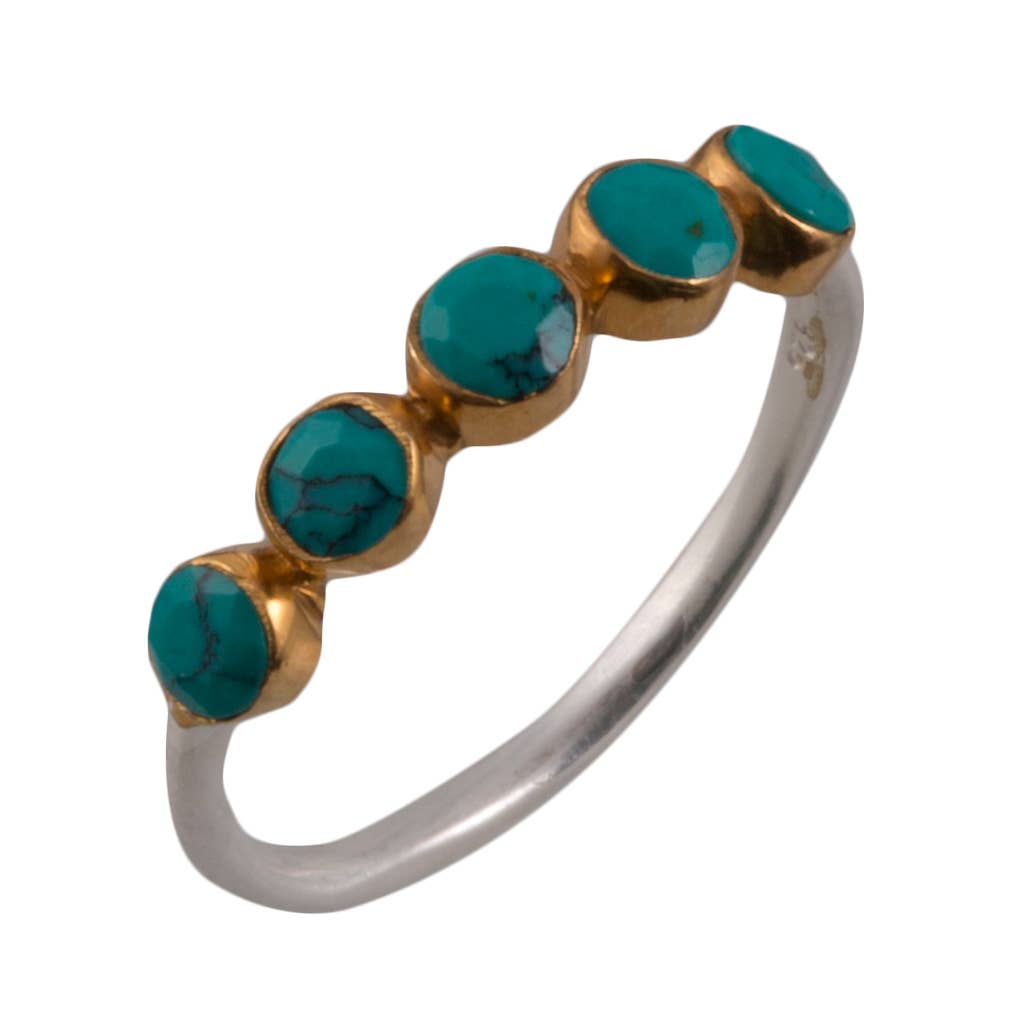 ring with row of five turquoise cabochons on white background