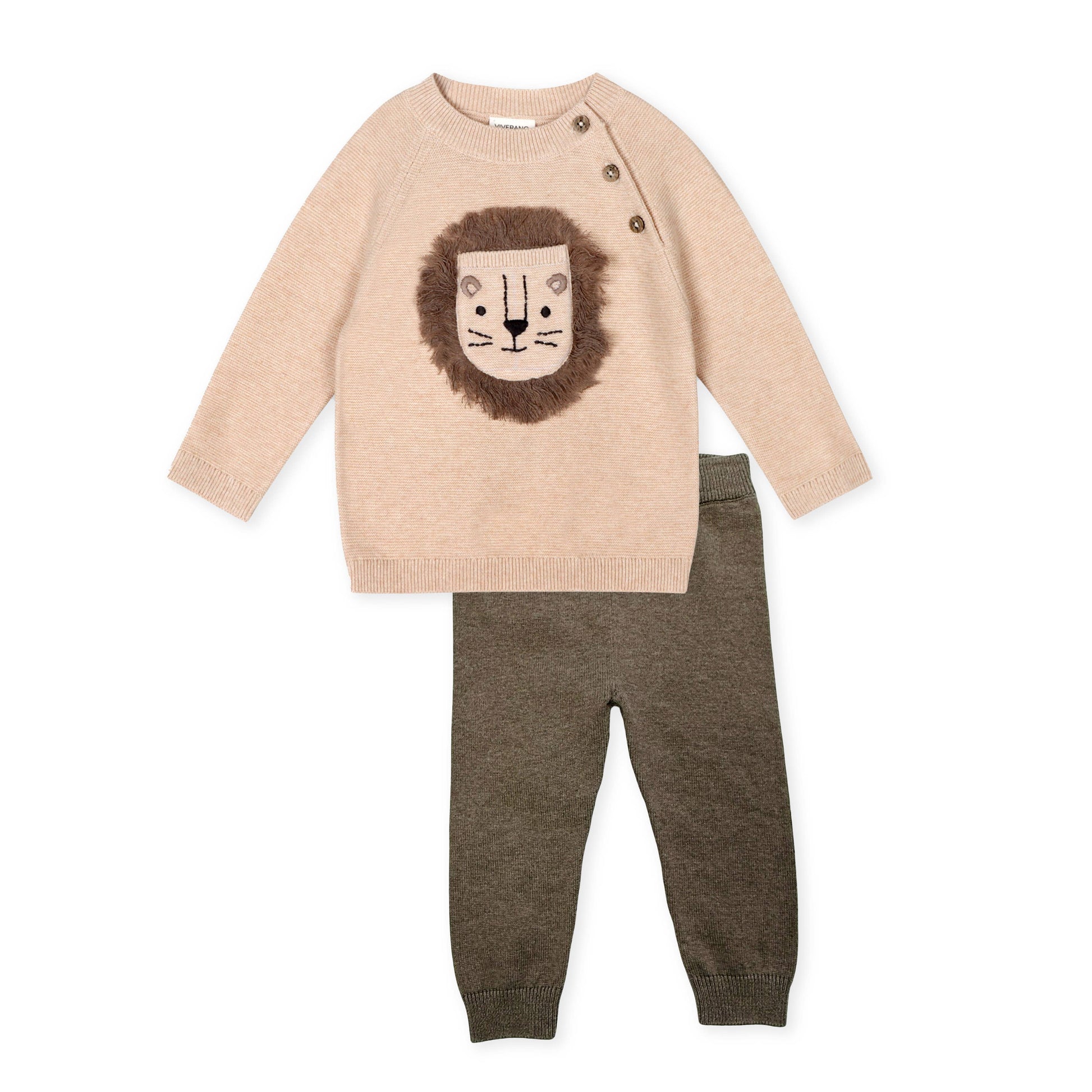 Children's outfit with lion-themed sweater and pants on a white background