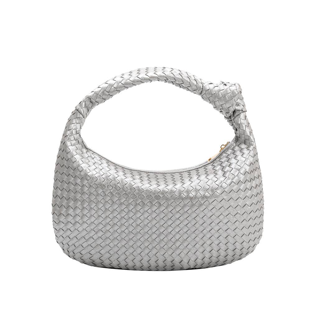 woven handbag with knit in strap on white background