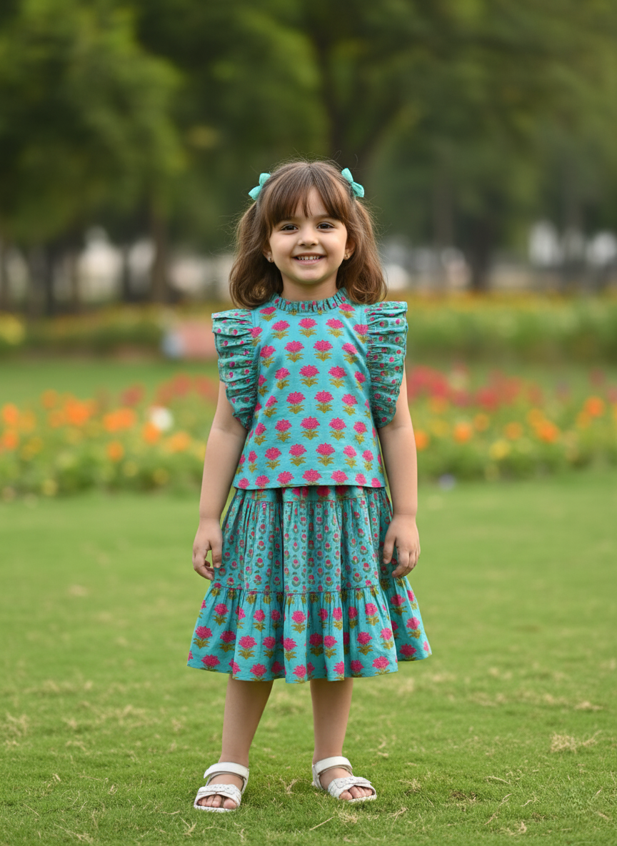 Young girl in a floral dress standing in a park with flowers and trees in the background