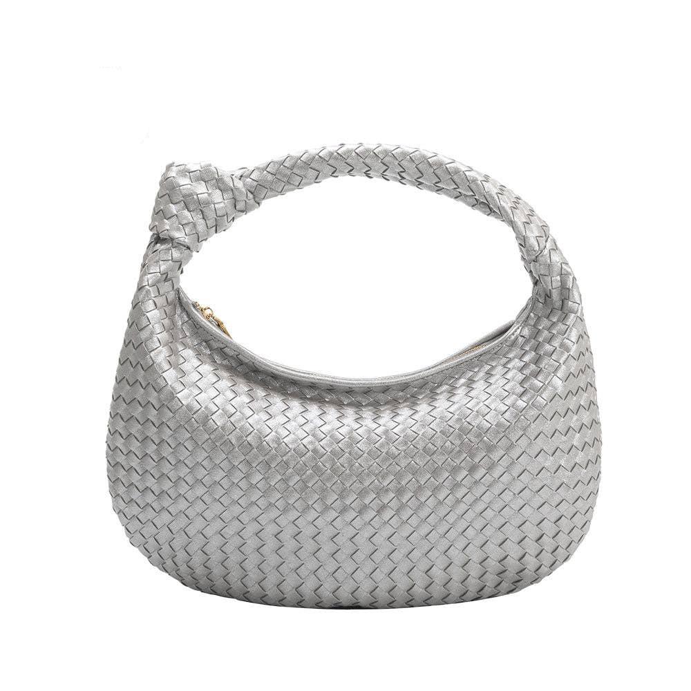 woven handbag with knit in strap on white background