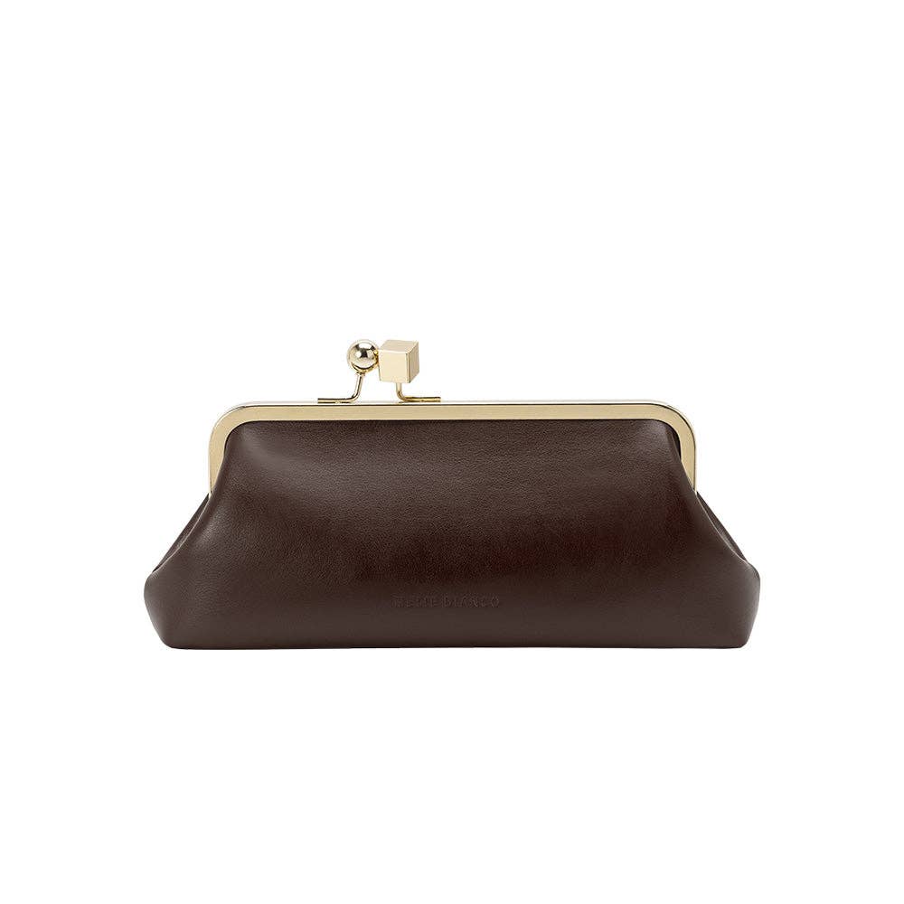 A dark brown leather kiss-lock clutch bag with a gold-tone metal frame and clasp, shown against a plain white background.