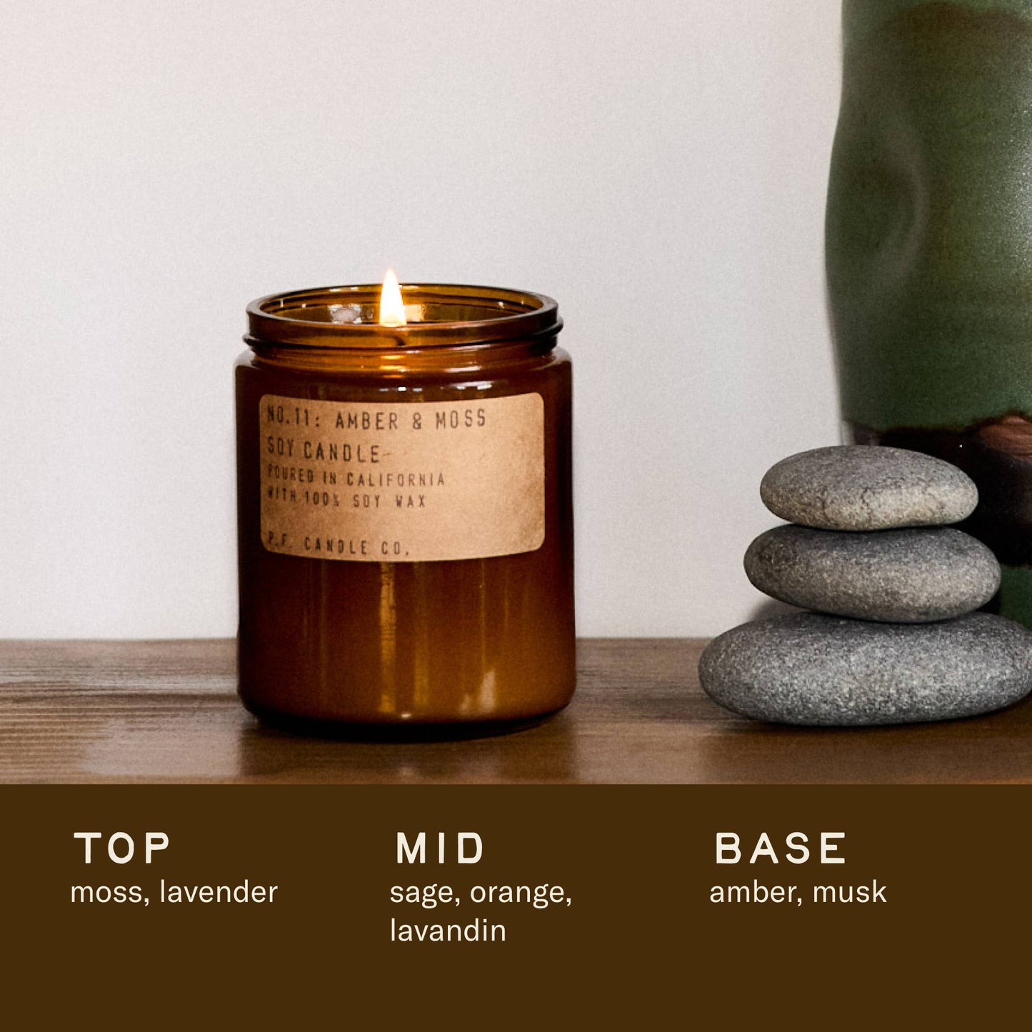 A lit candle in a brown jar with a label, next to stacked stones on a wooden surface.