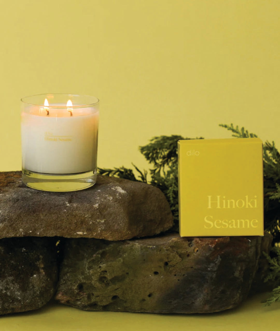 hinoki sesame scented candle with packaging on rocks and greenery