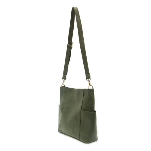 green vegan leather bag with pockets on each side and shoulder strap