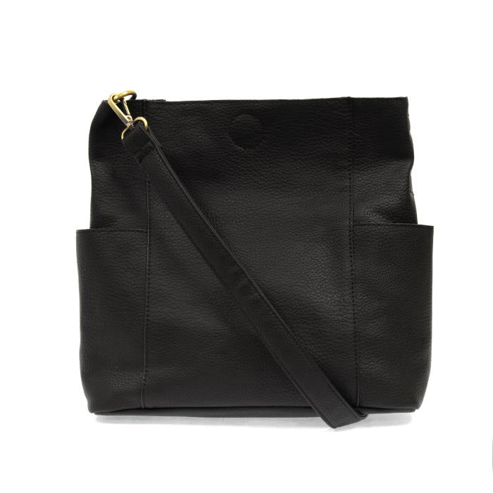 black vegan leather bag with pockets on each side and shoulder strap