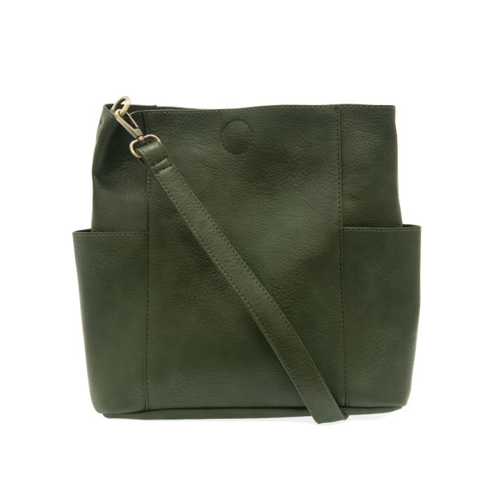 green vegan leather bag with pockets on each side and shoulder strap