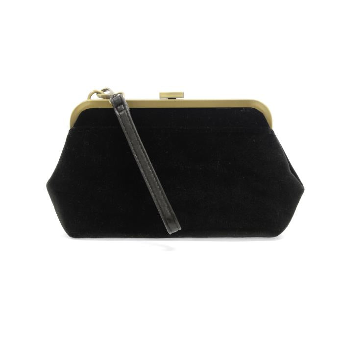 Black clutch bag with a strap on a white background
