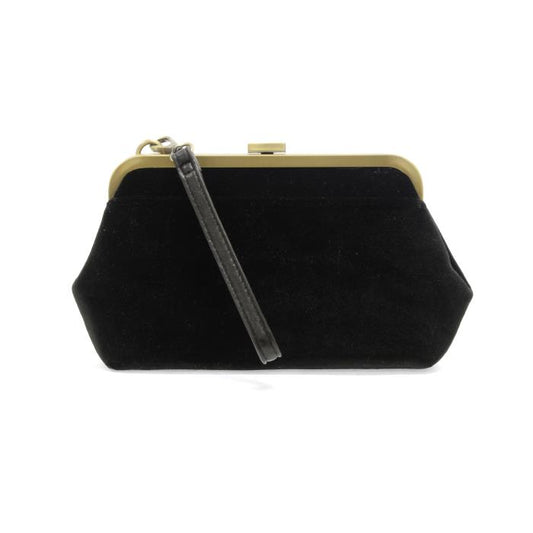 Black clutch bag with a strap on a white background