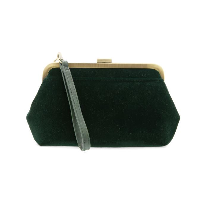 Green clutch bag with a strap on a white background