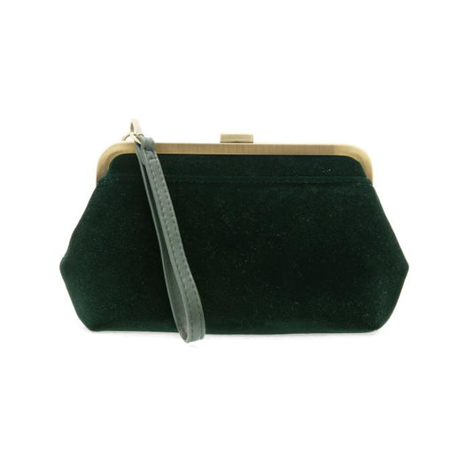 Green clutch bag with a strap on a white background