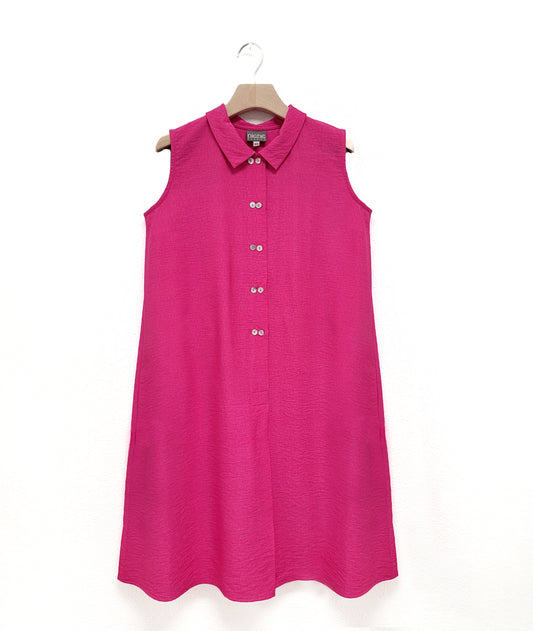 raspberry pink linen sleeveless shirtdress