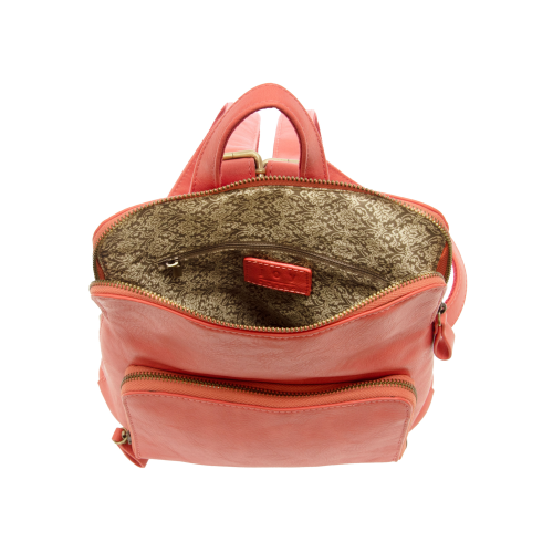 coral color backpack opened to show zipper pocket