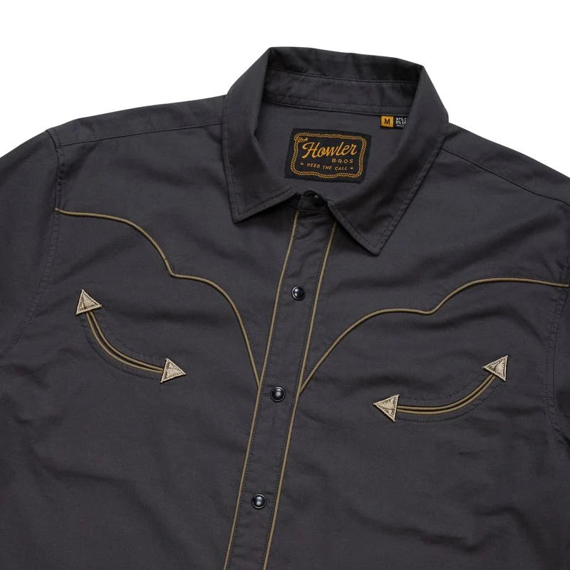 A dark charcoal gray western-style button-down shirt featuring tan contrast stitching, and curved chest embroidery with arrow details.