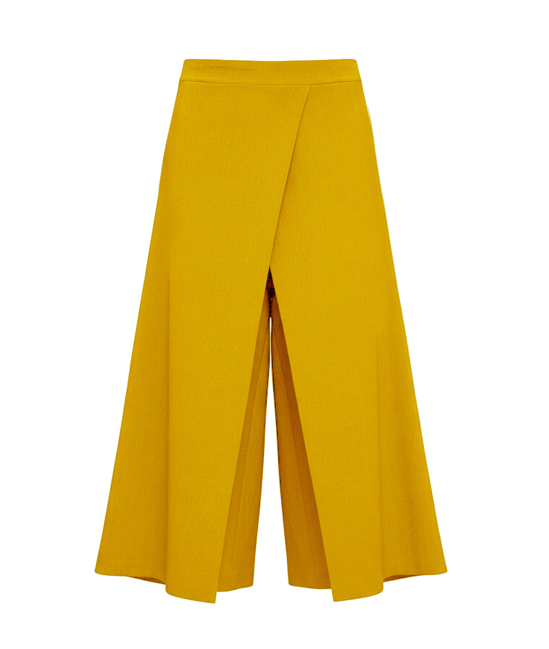A pair of yellow meadow pants with an A-line shape and crossover apron front, against a white background.
