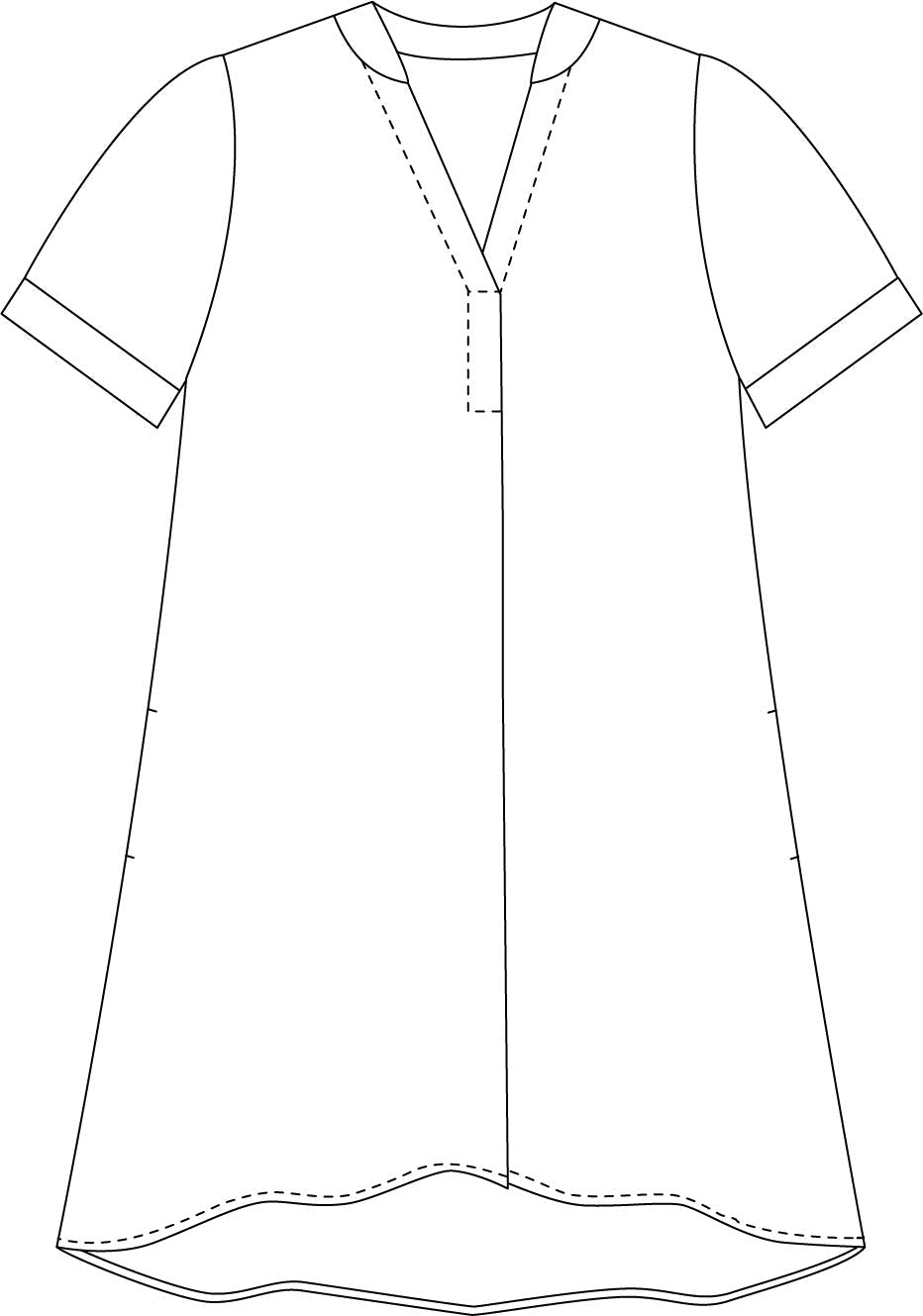 drawing of a linen dress with short cuffed sleeves, a split neckline and a boxy fit