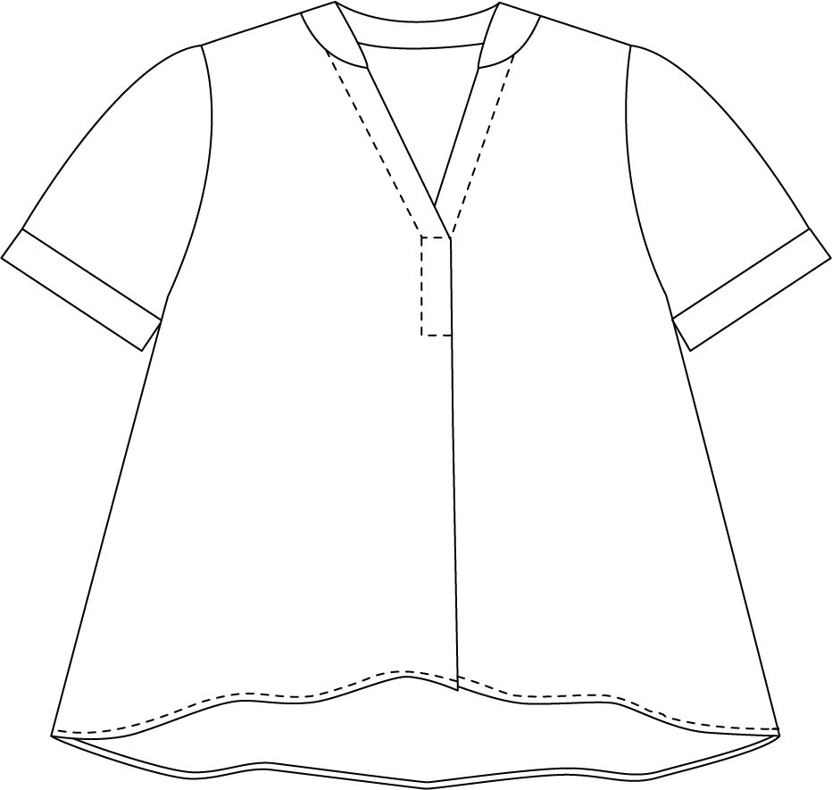 illustration of a pullover boxy top with a vneck, small rolled sleeves and a curved bottom hem