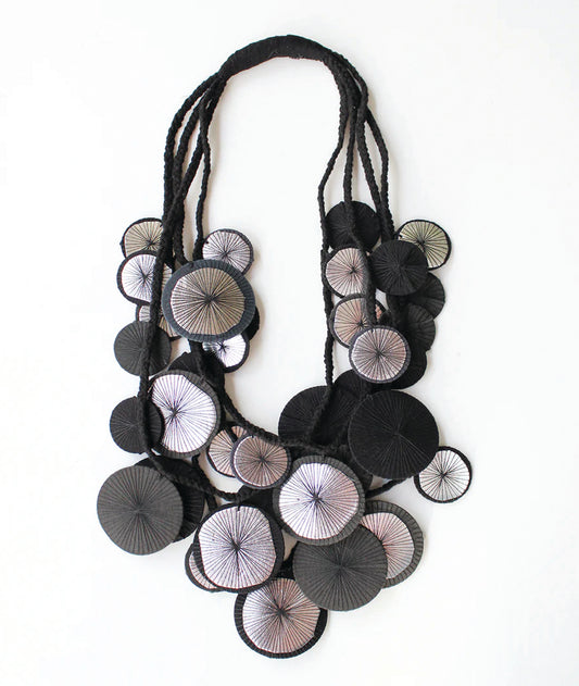 Necklace with circular black and white poms on a white background
