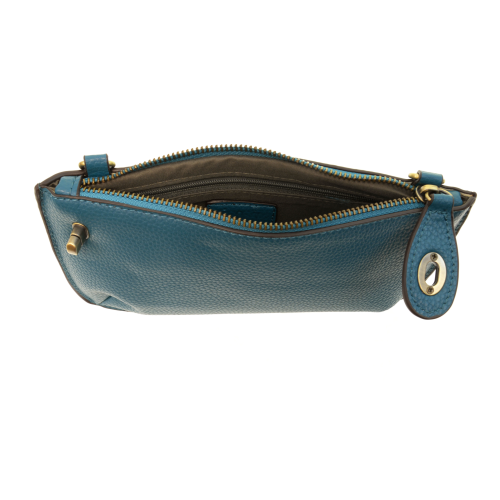 open view of blue peacock color crossbody clutch