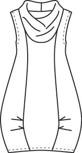 illustration of a sleeveless tunic with a large cowl neck, princess seams, and full tucks at the hips