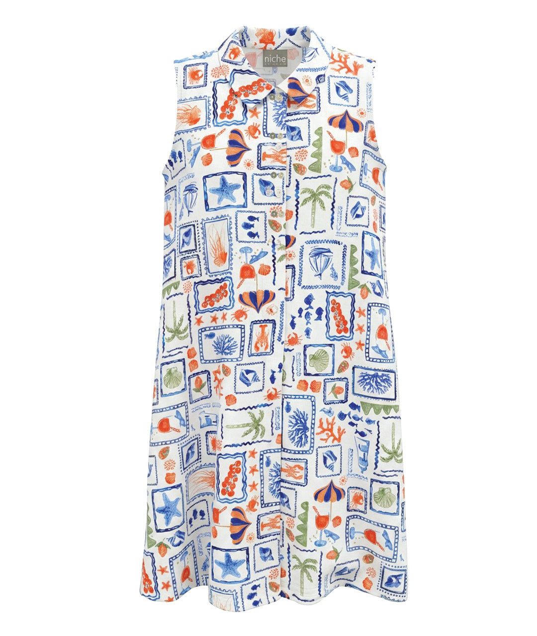 novelty beach print sleeveless shirt dress with a double set of buttons down the front