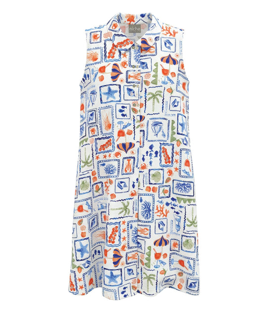 novelty beach print sleeveless shirt dress with a double set of buttons down the front