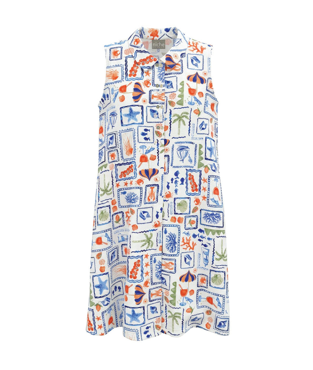 novelty beach print sleeveless shirt dress with a double set of buttons down the front