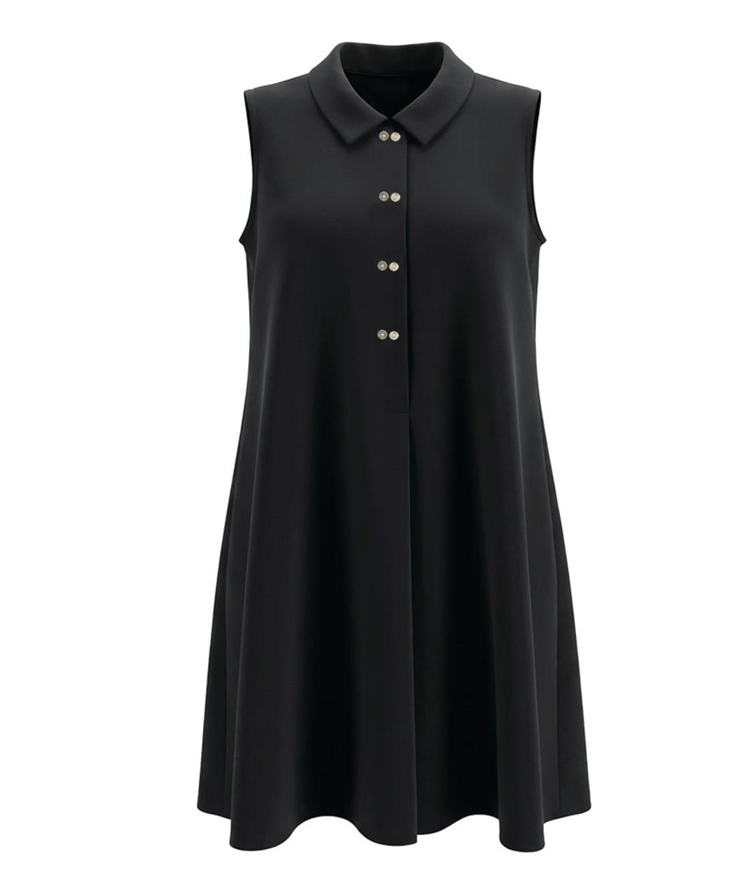 Black sleeveless dress with button details on a white background