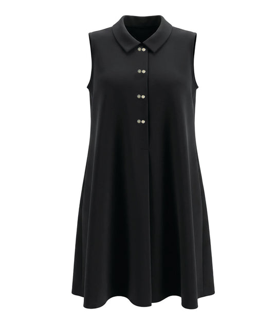 Black sleeveless dress with button details on a white background