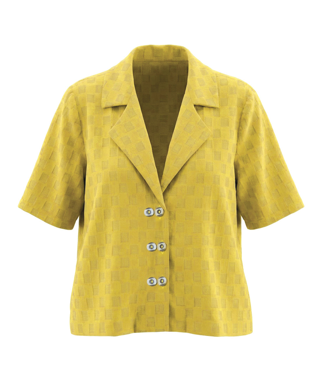 yellow boxy button down blouse with a light grey checkerboard print. blouse has double sets of buttons and short sleeves with a v-neckline