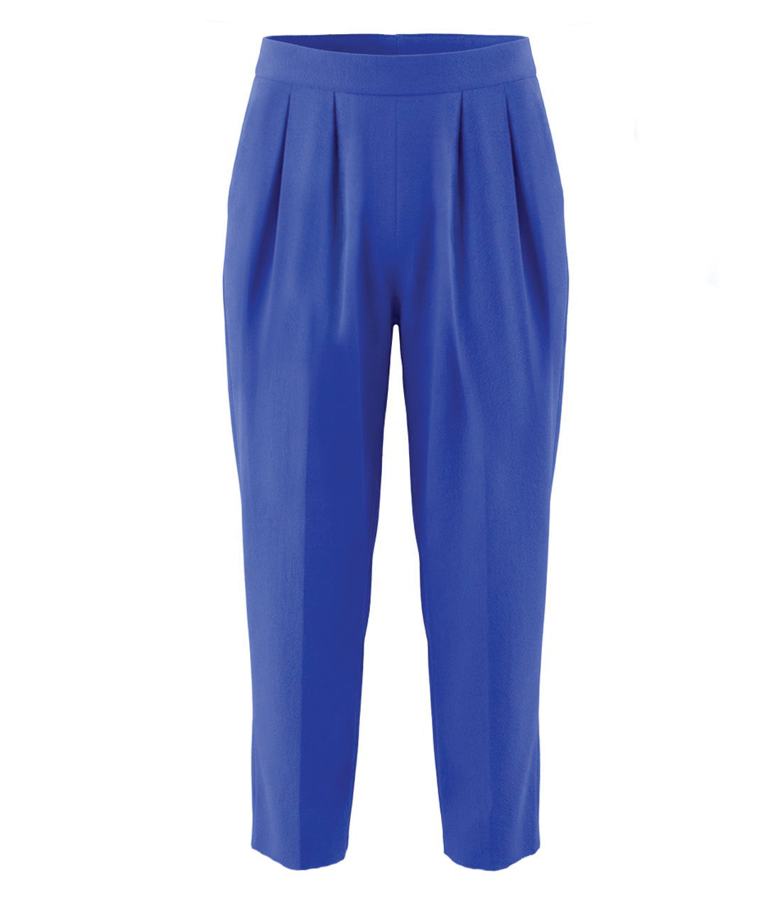 azure blue straight leg pant with a flat front waistband, elasticated back. pants have front pleats and a slim cut