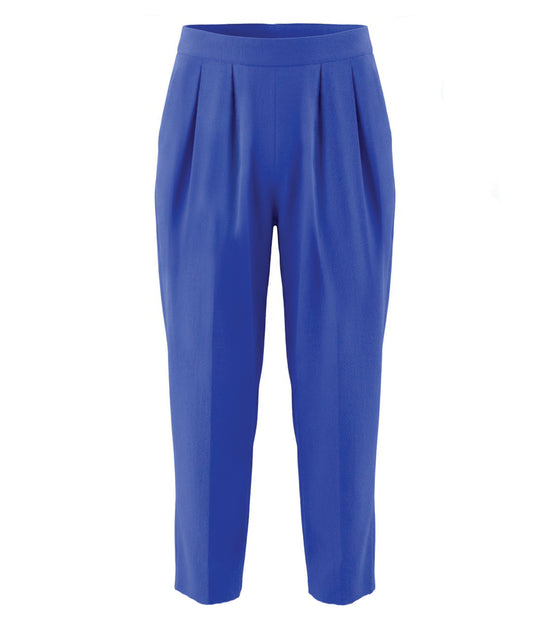 azure blue straight leg pant with a flat front waistband, elasticated back. pants have front pleats and a slim cut