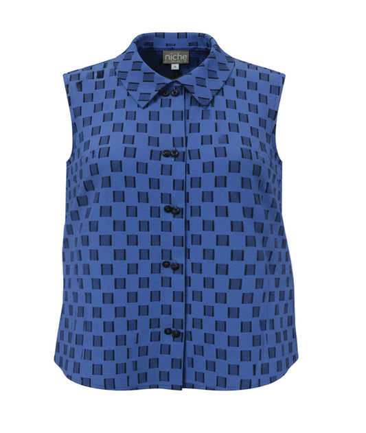 periwinkle blue sleeveless button down blouse with a black checkerboard print.