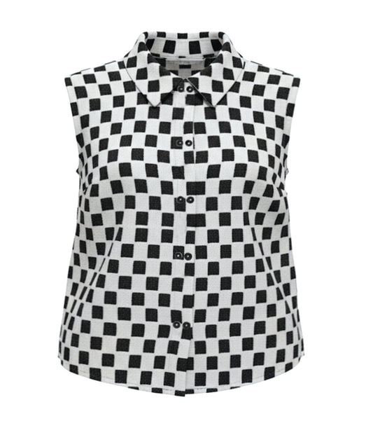 black and white sleeveless button down blouse with a checkerboard print.