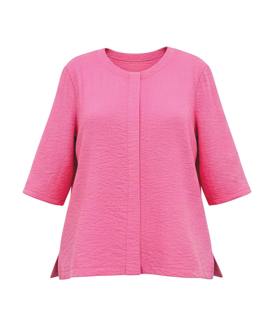 Pink blouse with three-quarter sleeves on a white background. blouse has a hidden placket