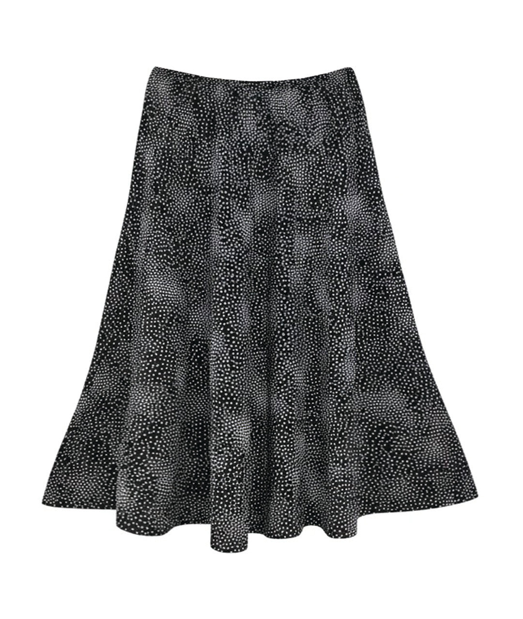 black skirt with a white dot print. skirt has 8 panels and an elastic waist yoke