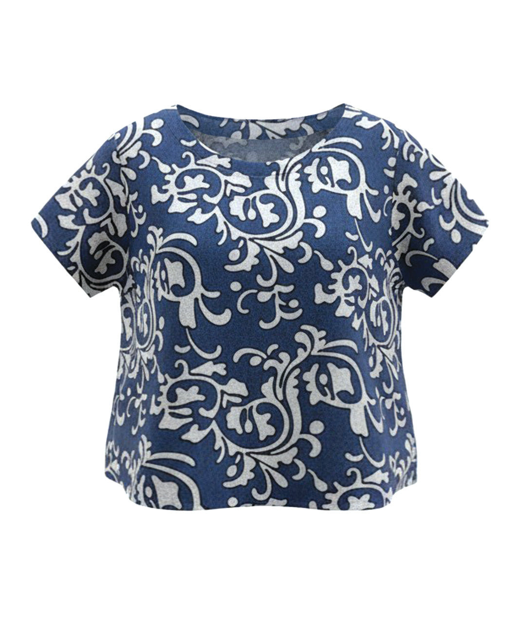 Blue top with white floral pattern on a white background