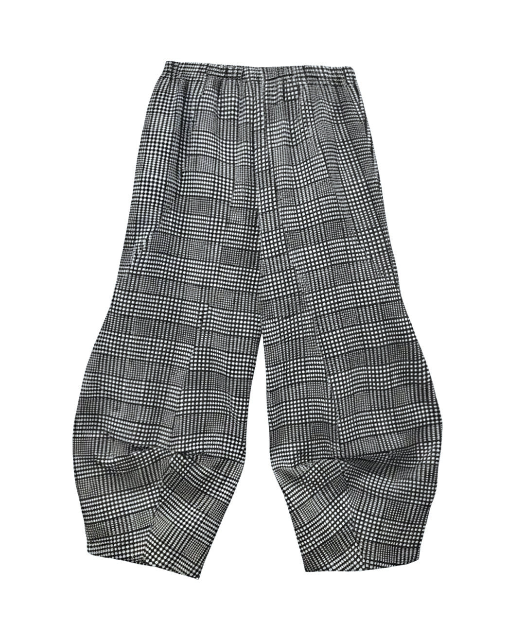 plaid pants with an elastic waist and tucks at the center front legs