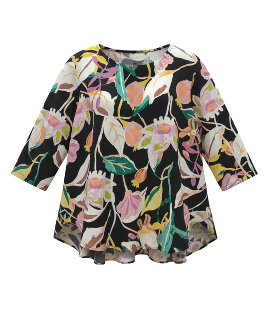 black pullover top with a multicolor floral print