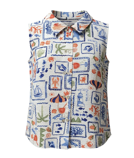 Colorful sleeveless shirt with marine pattern on a white background
