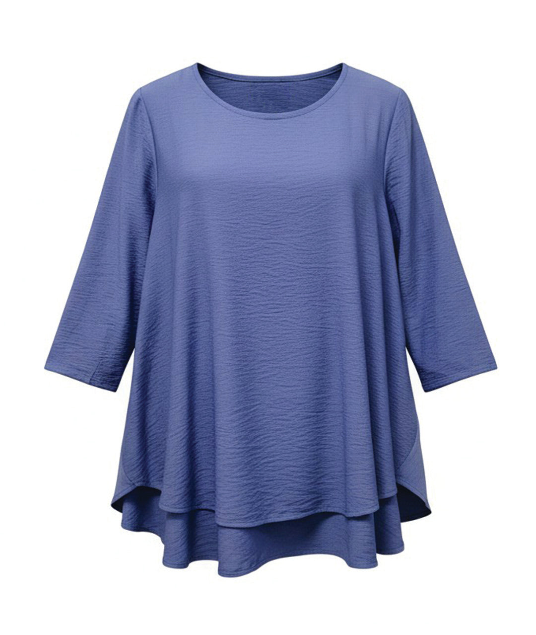 periwinkle colored top with 3/4 sleeves and a flowy body