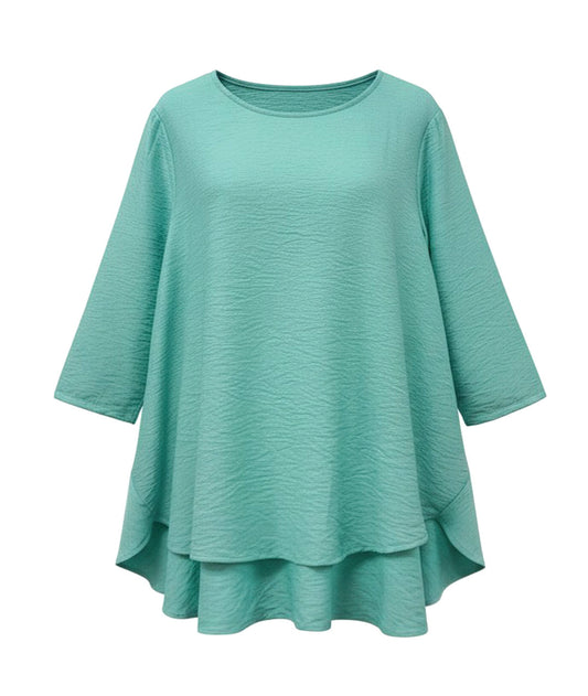 seafoam colored top with 3/4 sleeves and a flowy body