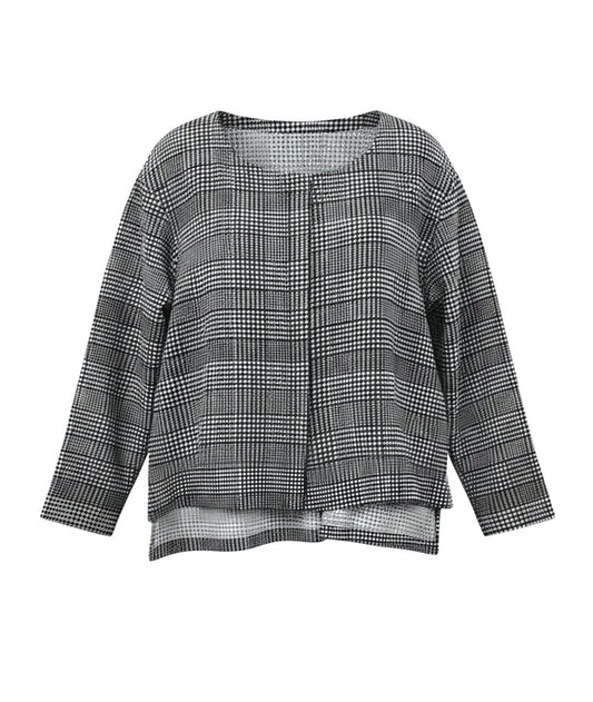 grey and white plaid pullover top with a false placket and a hi-low hem