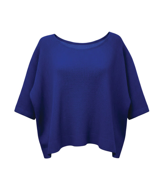 boxy cobalt blue top with a small checkered texture