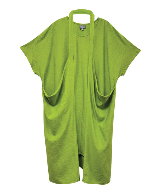 bright green dress with a connecting strap to style in multiple ways