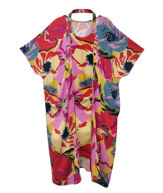 bright multi color floral dress with a connecting strap to style in multiple ways