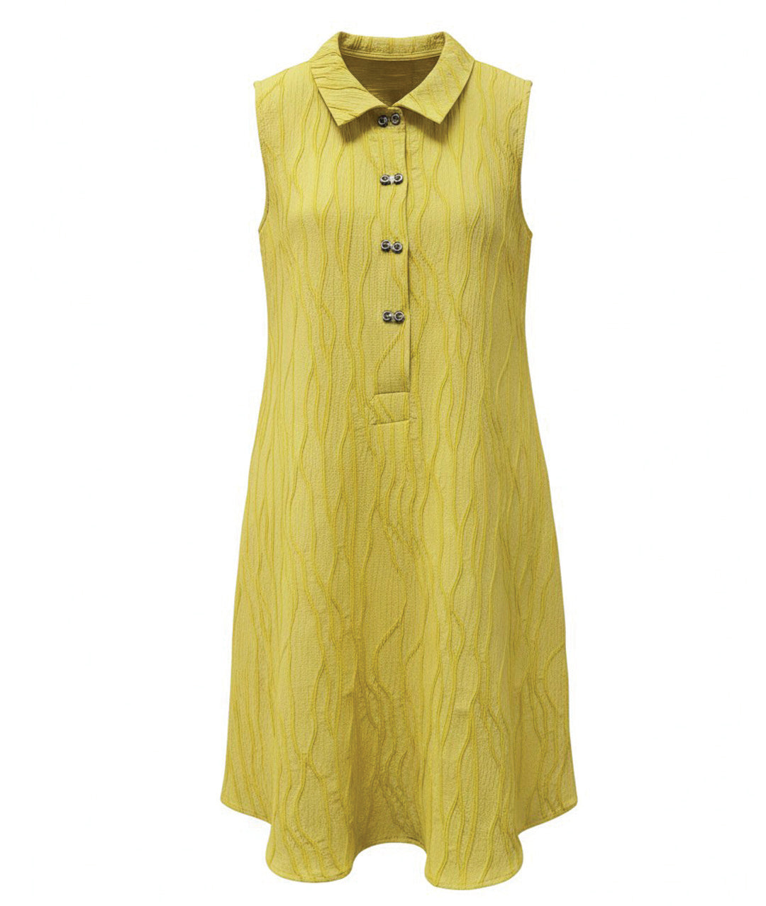 yellow sleeveless shirt dress with a wiggly striped texture