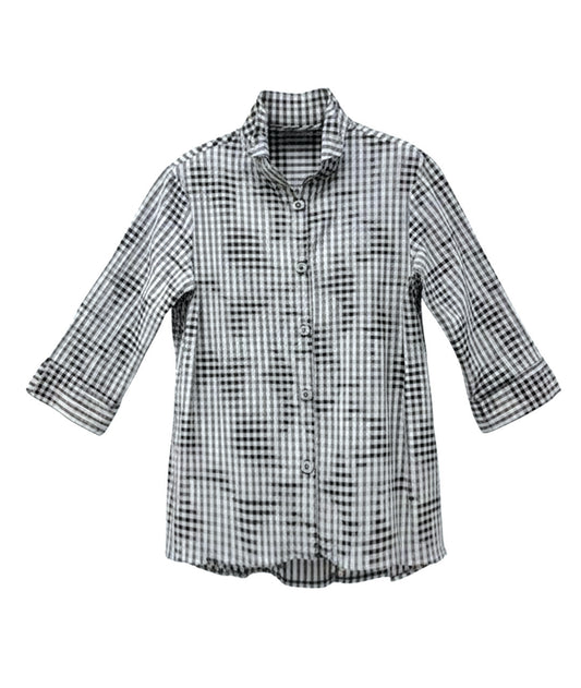 grey and white plaid blouse with a double collar and wide sleeve cuffs